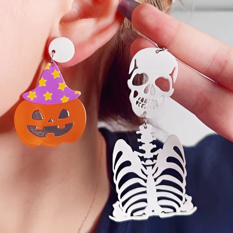 Halloween Multi Style Acrylic Dangle Earrings Pumpkin Witch Hat Ghost Skeleton Skull Haunted House Black Cat Spooky Oversized