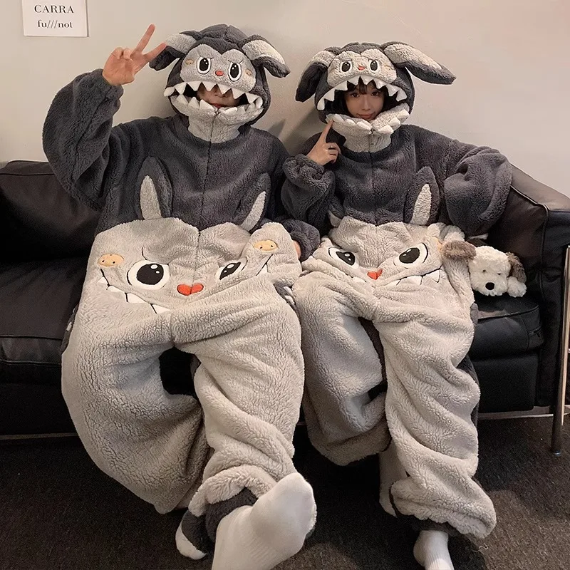 Kigurumi يونيكورن القط نيسيي الشتاء الدافئة ملابس خاصة النساء الرجال منامة النعال زوجين منامة الكرتون مقنعين ملابس النوم النعال