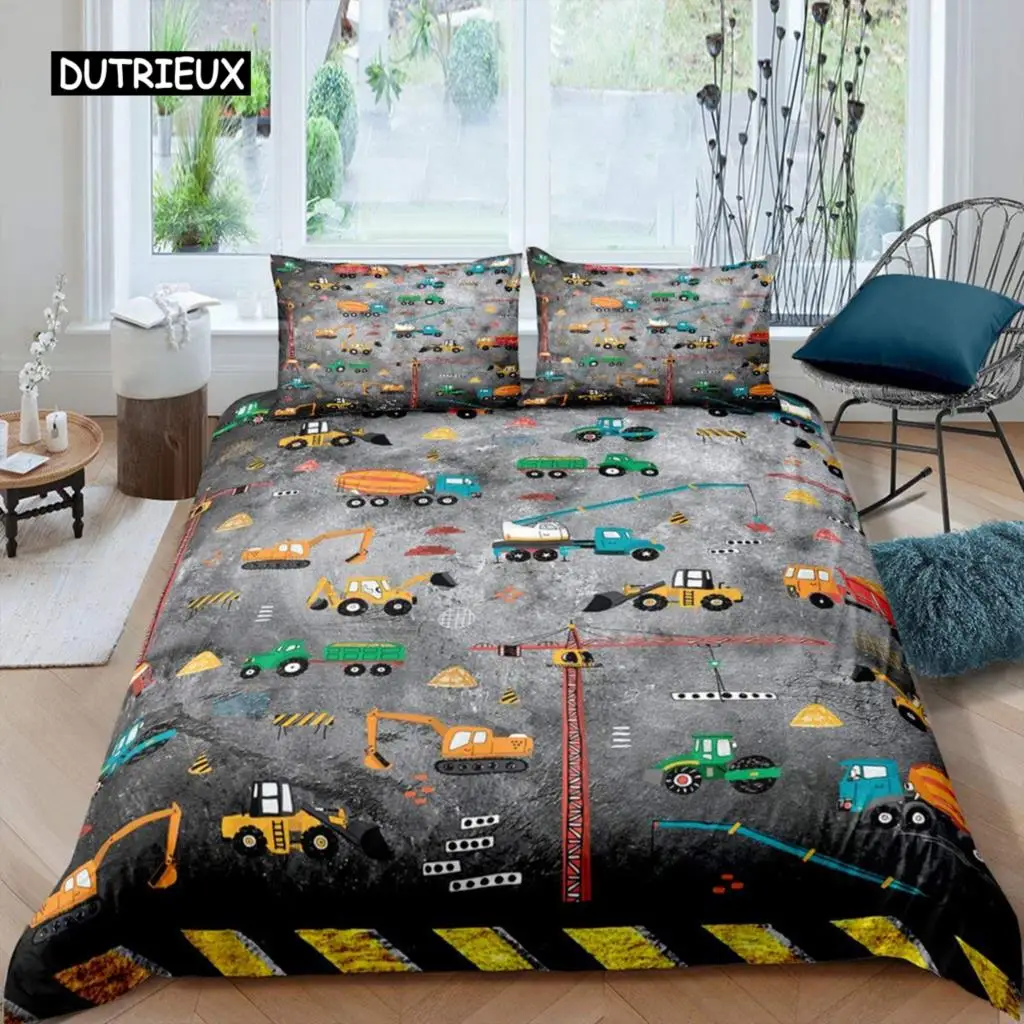 

Excavator Duvet Cover Set Microfiber Tractor Truck Comforter Cover Twin Construction Vehicle Cartoon Bedding Set for Boys Teens