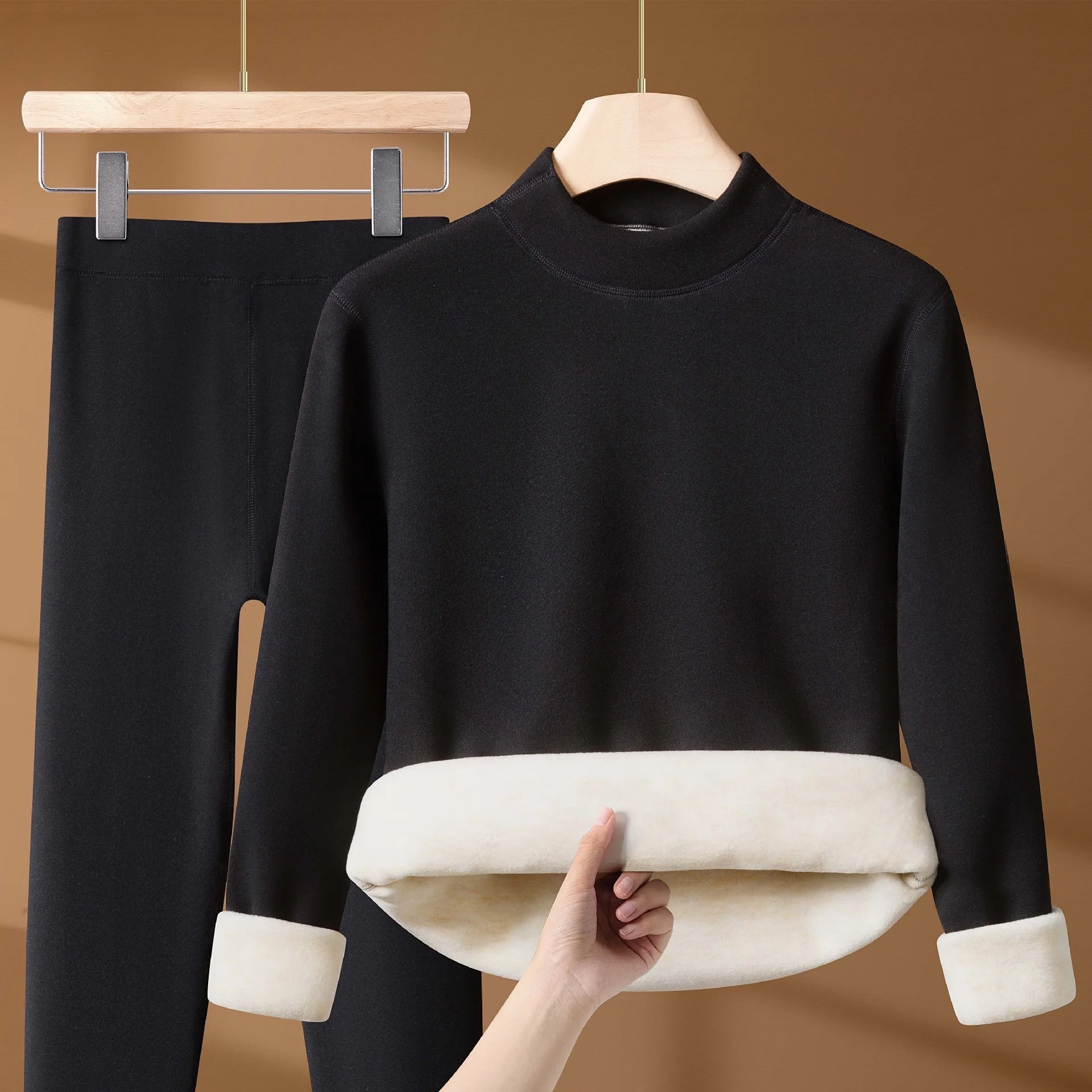 FW24 Men`s Wool silk thermal underwear sets half high neck fleeced wool thicken cold long John for winter wear