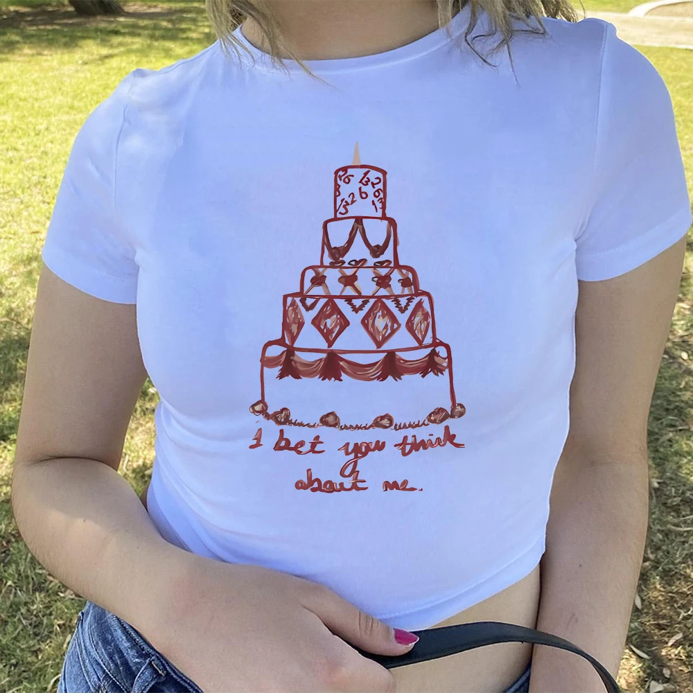 I Bet You Think about Me Baby Tee Retro Y2k Top Trendy Women's Fitted Tee Red Cake Graphic T Shirt Ts Inspired Tee Fans Gift