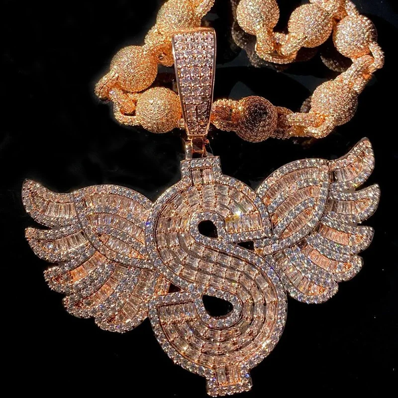 Winged Dollar Moissanite Necklace: Full Iced Out Pendant & Chain Set in Rose Gold. Bold Hip Hop Jewelry, Ultimate Bling for Men