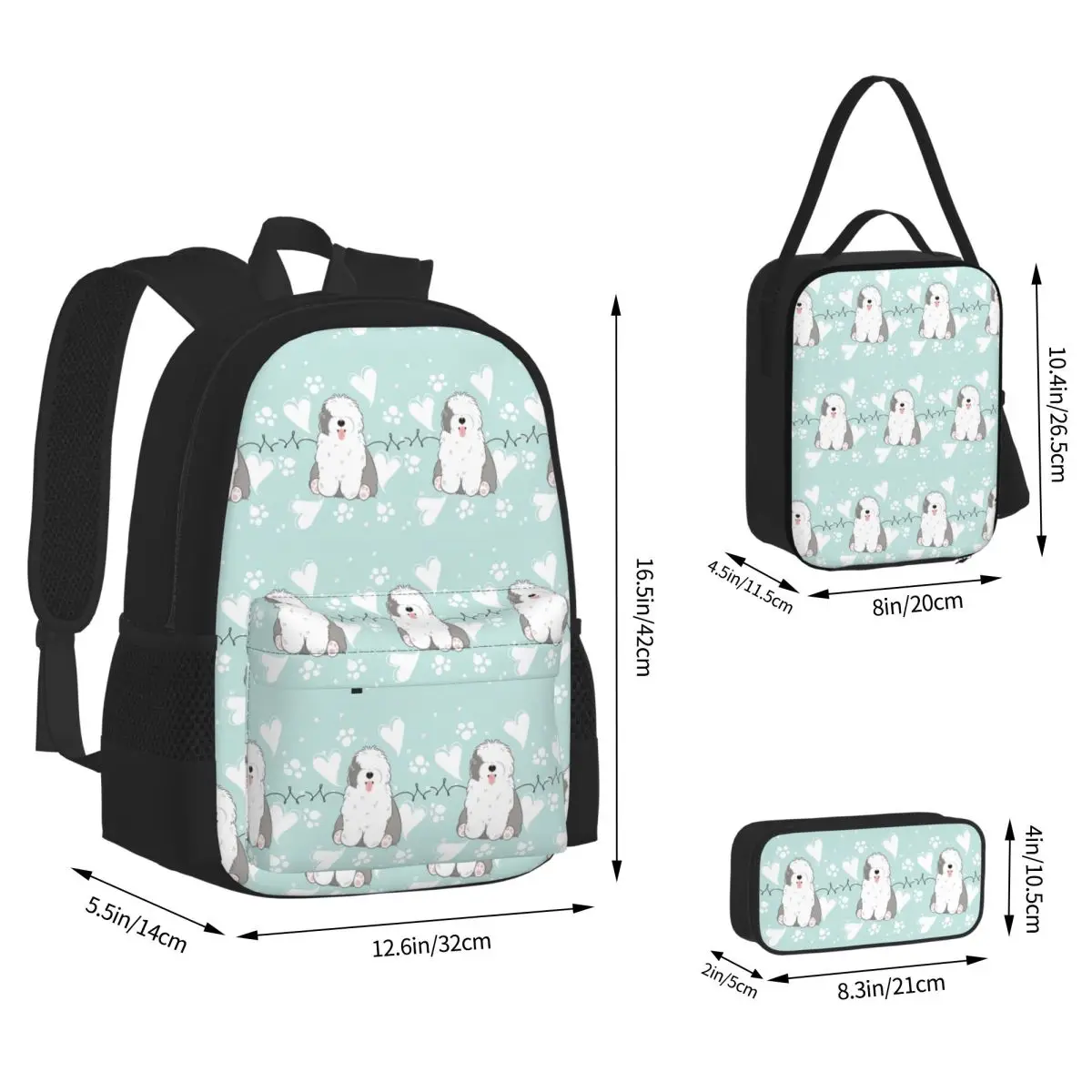 Love Old English Sheepdog Backpacks Students Bookbag School Bags Kids Rucksack Lunch Bag Pen Bag Three-Piece Set
