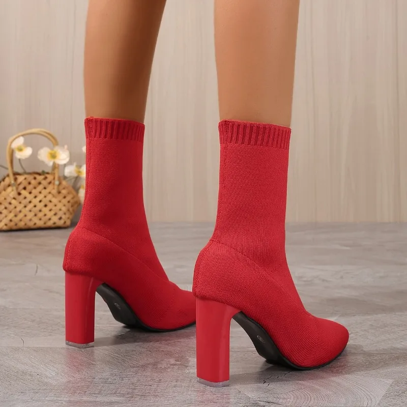 Women Elastic Sock Boots Autumn Winter Stiletto High Heels Knitted Ankle  Woman Slip-On Pointed Toe High-heeled Botas Mujer