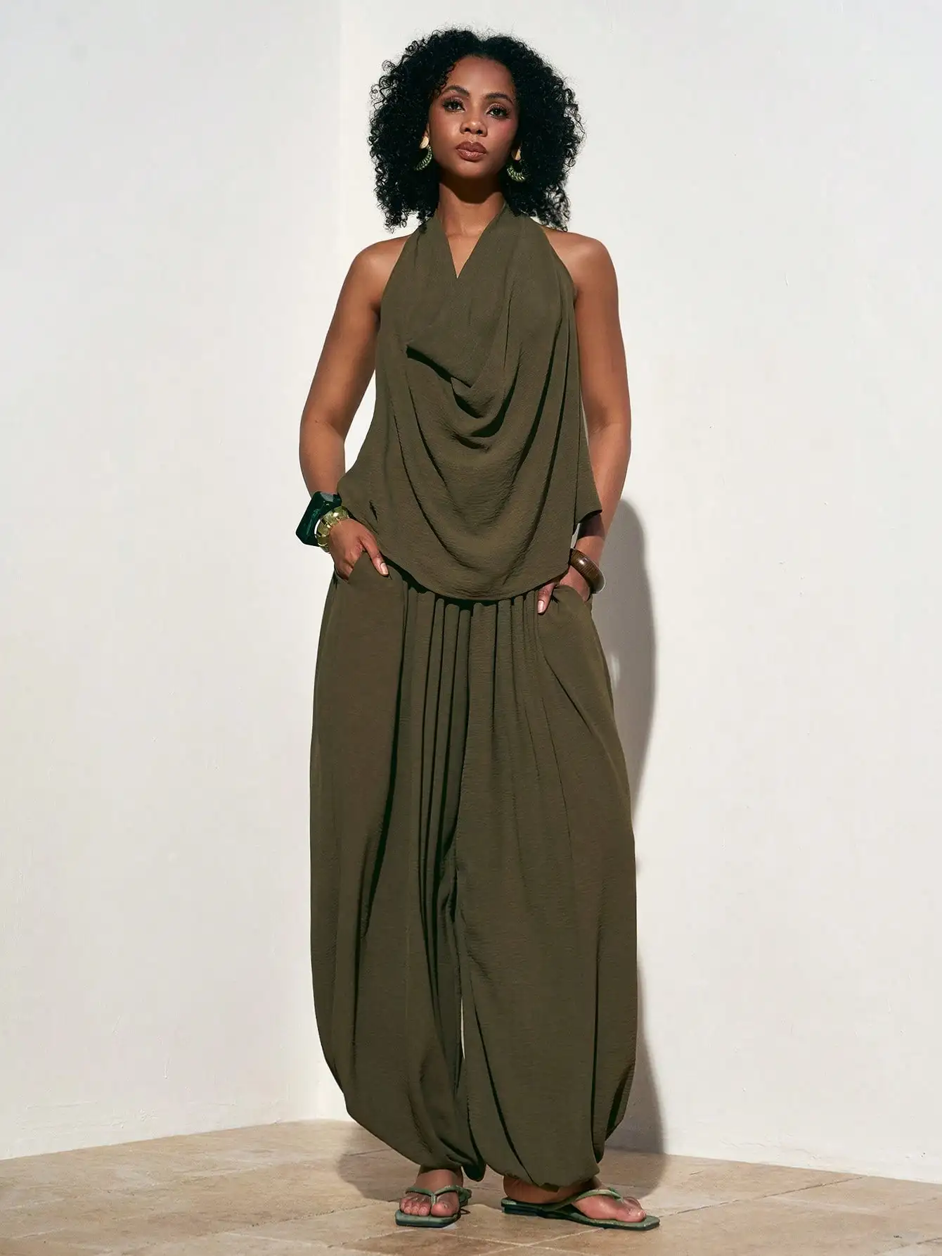 

Draped Halter Top And Pleated Lantern Pants Set Casual Vacation Outfit