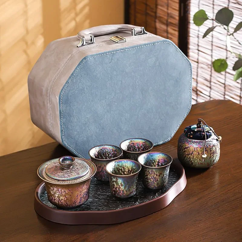 Colorful Kiln Change Travel Kung Fu Set, One Pot Four Cups, Outdoor Portable Kit for Car with Gift Box
