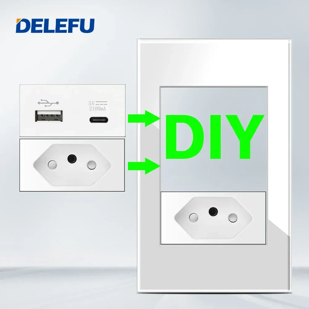 DELEFU Brazilian Italian US EU Standard Free Combination Function USB Type C Key DIY Switch Socket 118mm*72mm White