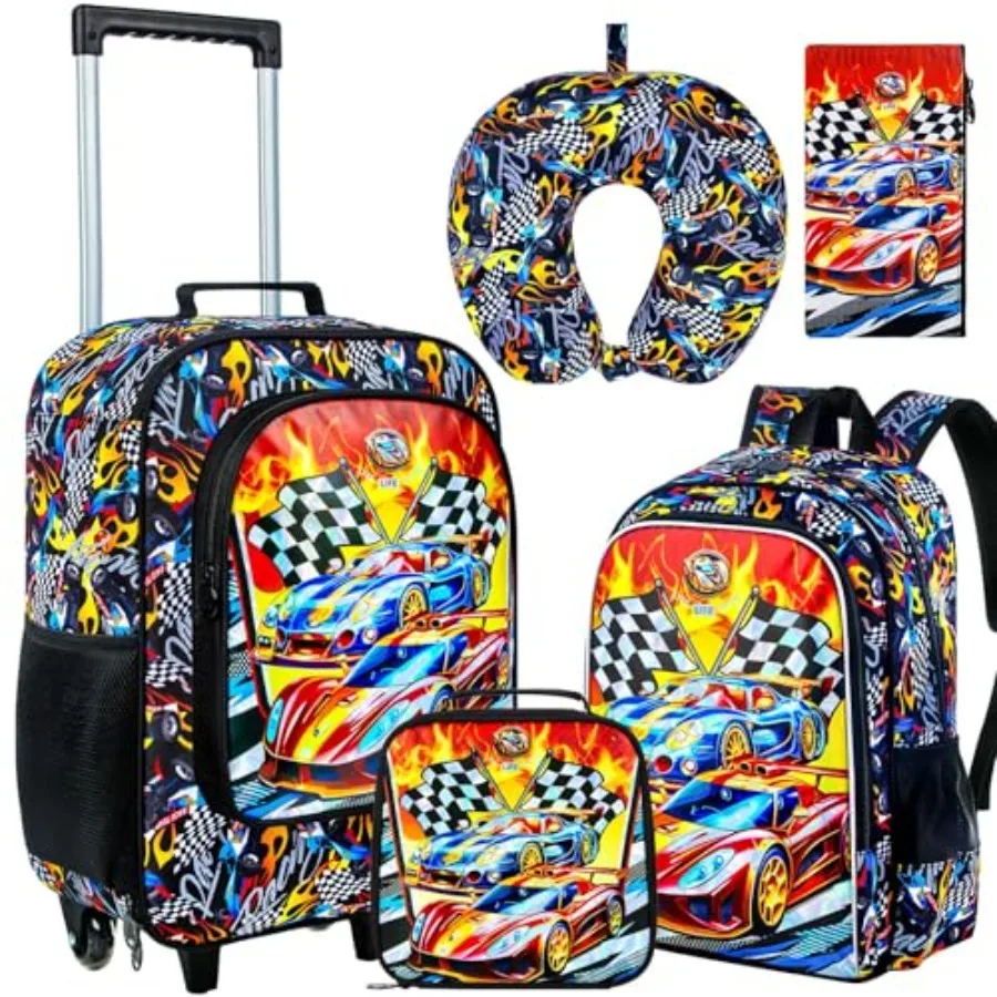 

18" Suitcase for Boys, 5Pcs Carry on Luggage With Wheels, Cars Suitcases for Kid Toddler Racing