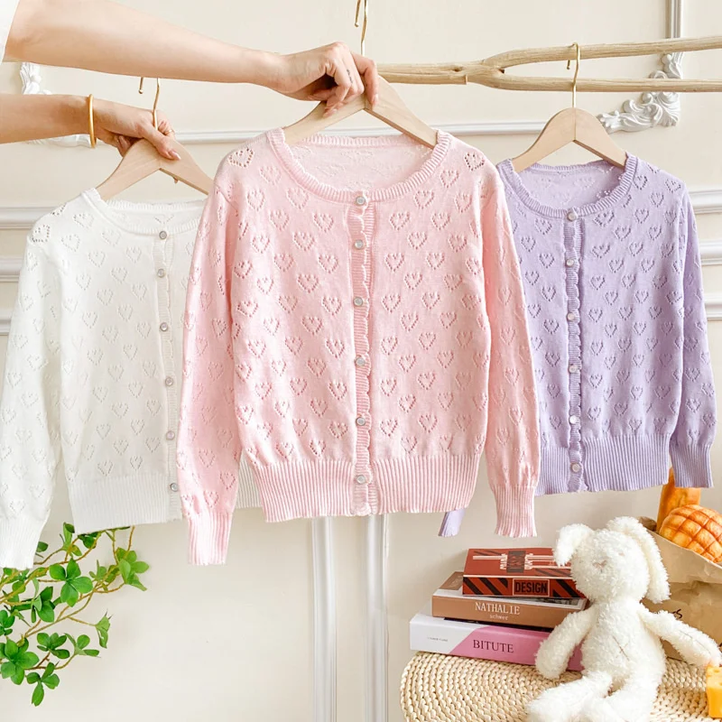 New Spring/Summer Girls' Knitted Hollow Heart Cotton Cardigan Lightweight and Breathable Air Conditioning Shirt Holiday