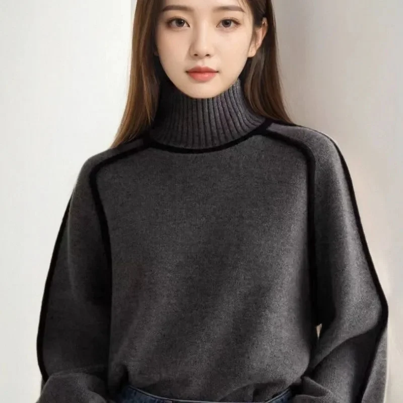 2025 Autumn Long Sleeve Turtleneck Tops Slim Knitted Bottoming Korean Fashion Sweater Harajuku Pullover Women Clothing Jumper