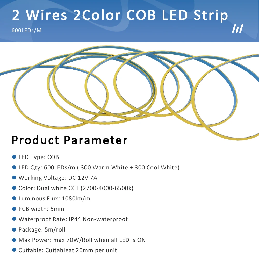 DC12V 24V CCT COB Strip Light 5M White Dimmable Dual Color Temperature Adjustable 600 Leds/M  Flexible Ribbon CW WW LED Lighting