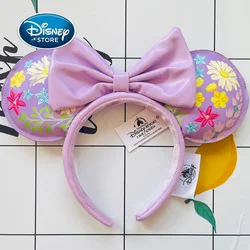 Disney Co Branding Mickey Ears Headband Cartoon Light Purple Embroidered Flowers PU Leather Bow Adults/Child Disneyland Ear Bag