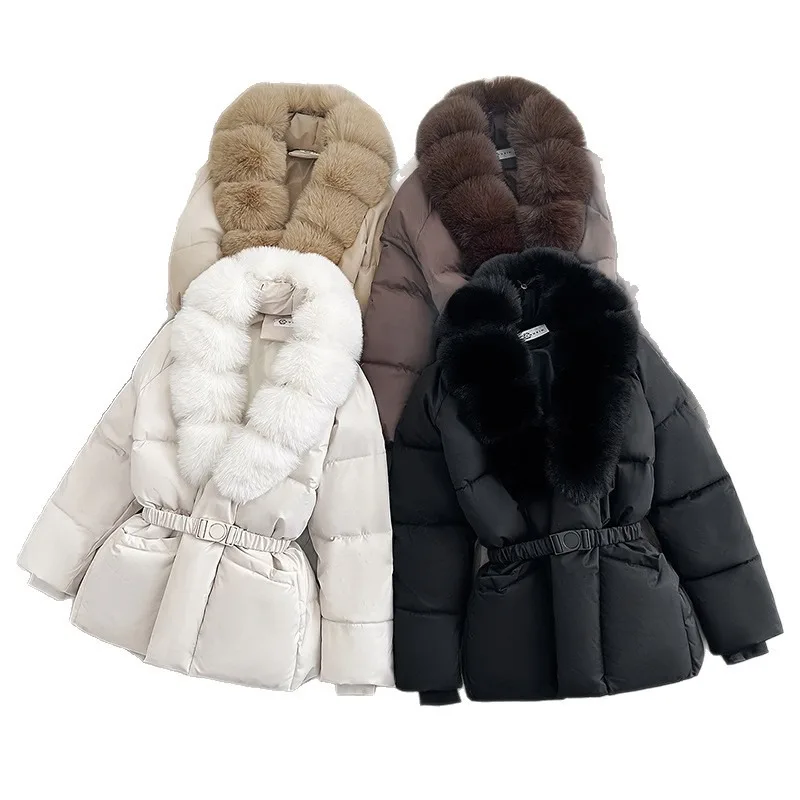 K‑Elegant Winter Short Puffer Coat Oversized Furry Lapel Collar Adjustable Waist Belt Solid Chic Casual Daily Ladies Outerwear
