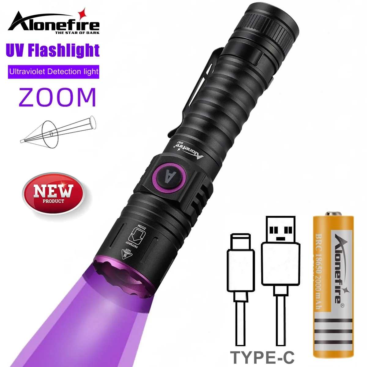 Zoom UV 365nm/395nm linterna LED alto brillo belleza de uñas gato perro orina tiña Mineral dinero marcador Invisible linterna de escorpión luz