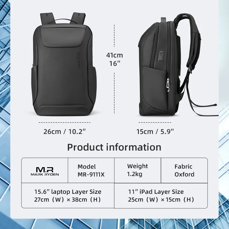 Mark Ryden 15.6 inch Laptop Backpacks Outdoor Travel School Bag Fashion USB Bag Packs Waterproof Men Backpack Bag