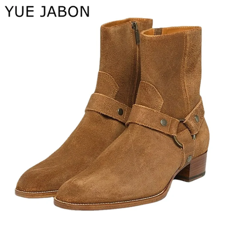 Brown Men Chelsea Boots Handmade High-quality Cow Suede Business Casual Square Toe Mid-heel Men Shoes Motorcycle Boots With Heel