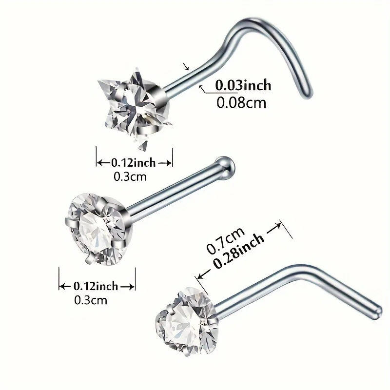 3Pcs Stainless Steel Nose Studs Round Heart Star Cubic Zirconia L Shape Nose Rings Nostril Piercing Jewelry For Woman