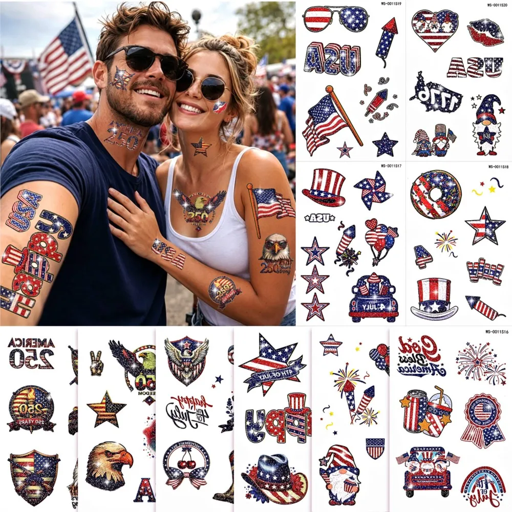 10sheets Fourth of July Independence Day Face Body Tattoo Sticker Waterproof Patriotic Temporary Tattoos Memorial Day Supplies