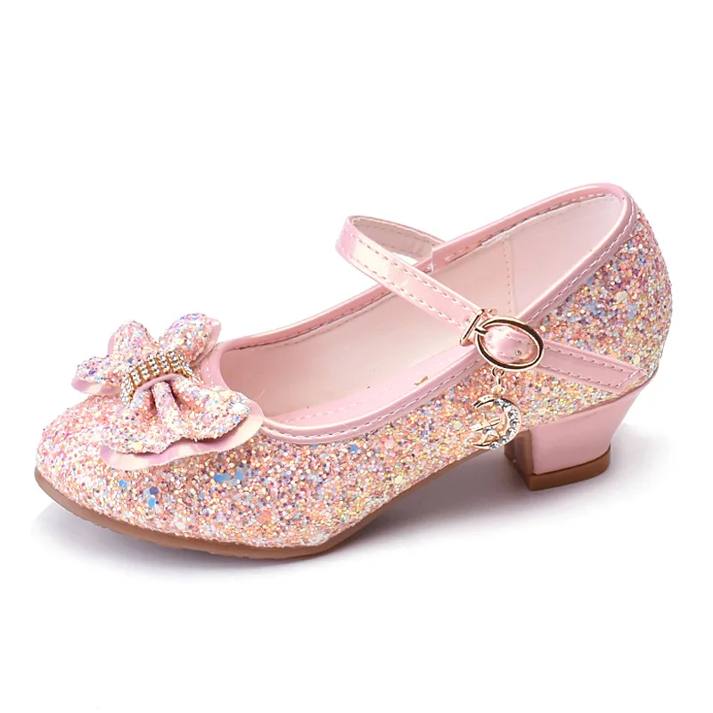 

Princess Kids Leather Shoes Flower Casual Glitter Children High Heel Girls Shoes Shiny Crystal Bowknot Student Performance Shoes