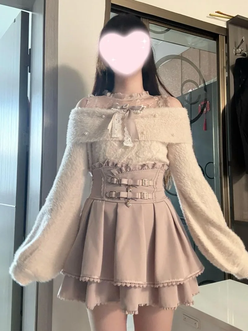 Suéter con hombros descubiertos estilo japonés Sweet Lolita + conjunto de falda rosa de cintura alta, ropa Kawaii bonita para otoño/invierno para niñas