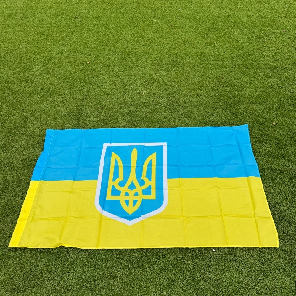 Ukraine Flag with Emblem 90x150cm Polyester Ukrainian Tryzub Banner for Patriotic Decoration