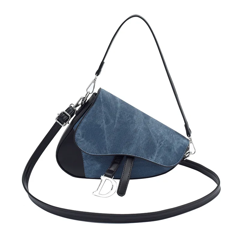 Bag Women\'s 2024 New Denim Pattern Trend Contrasting Color Splicing Saddle Bag Fashionable Foreign Style Shoulder Messenger Bag