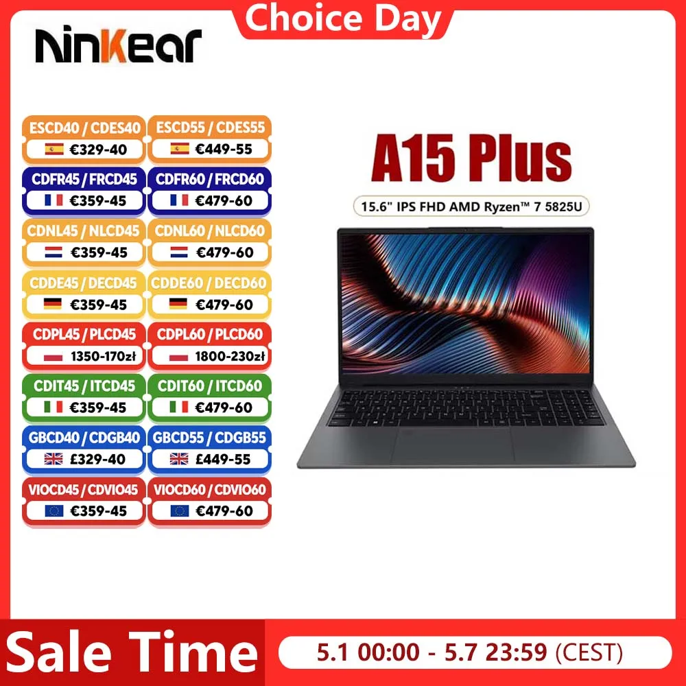 Ninkear A15 Plus Laptop AMD Ryzen ™   7 5825U 15,6" IPS FHD Notebook 16 GB DDR4 1 TB SSD Windows 11 Wifi 6 Gaming Computer Notebook