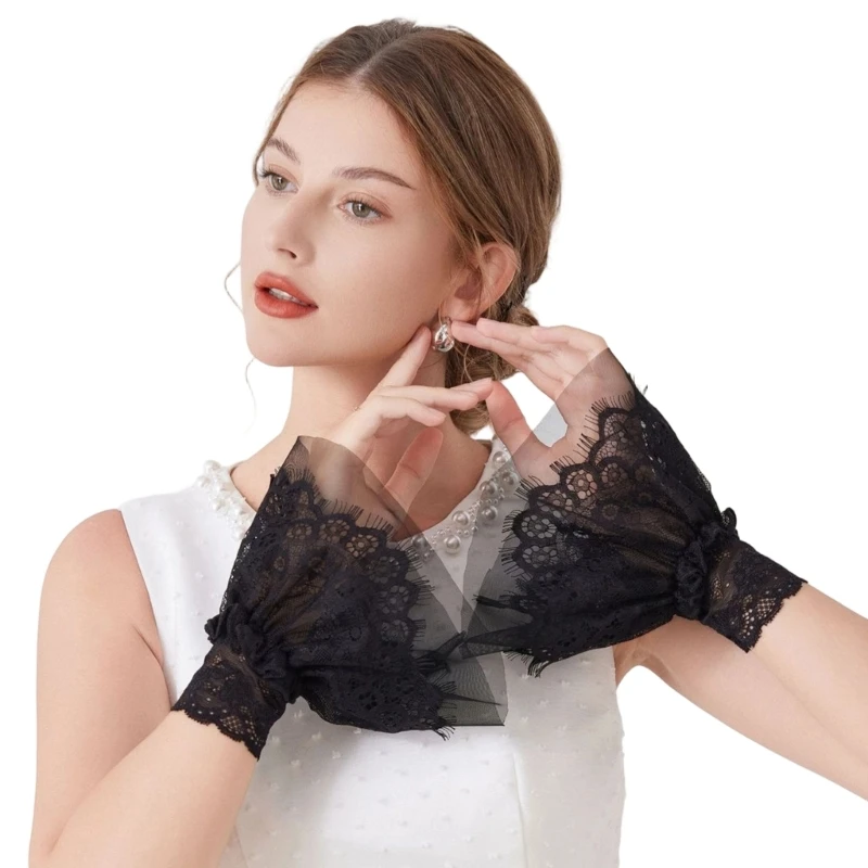 49ME Decorative Faux Sleeves Black Lace Accessory, Sheer Mesh Detachable Cuffs for Styling Tops, Photo Styling Looks