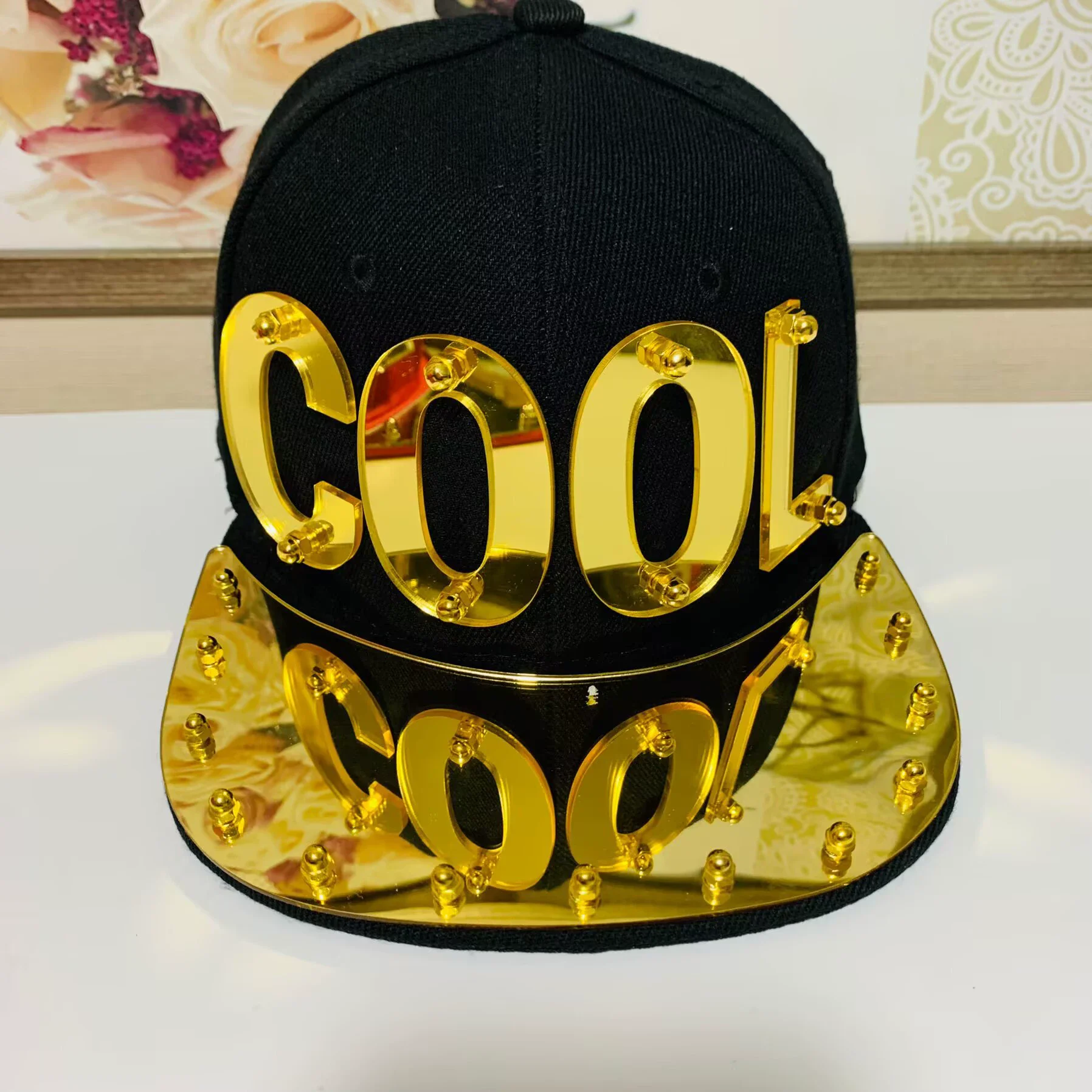 European and American street COOL personalized letter mirror decoration handmade heavy industry rock performance hip-hop hat