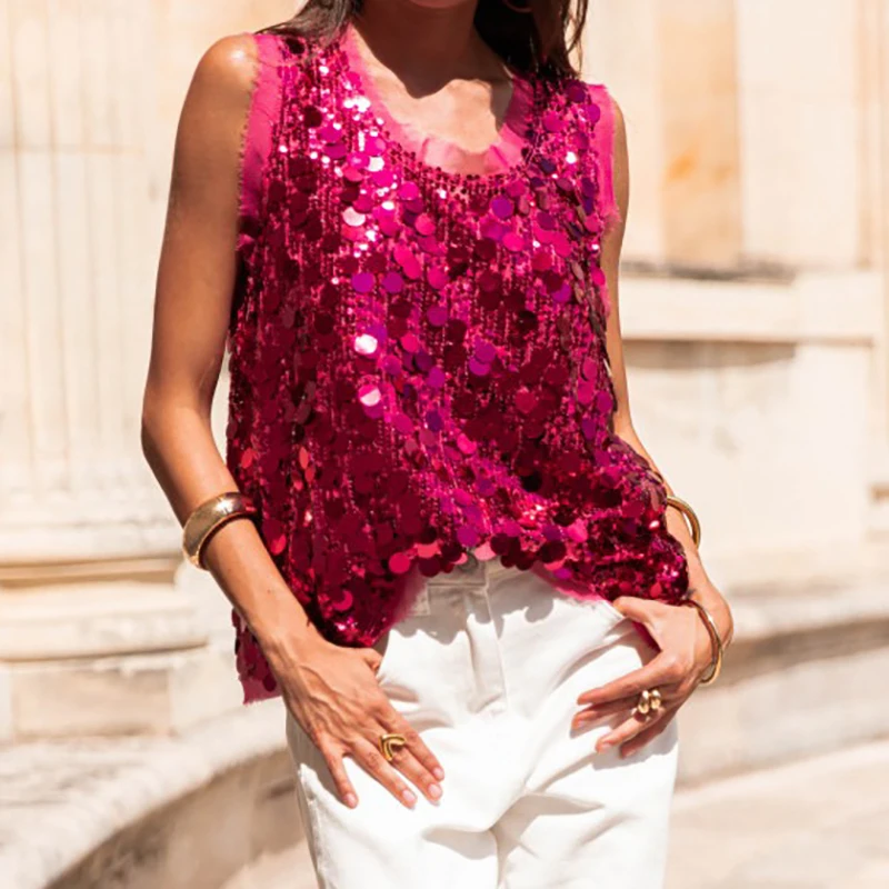 

Summer Ladies O-neck Hollow Out Club Party T-shirt Fashion Women's Clothing Holiday Blouses Shiny Sequined Sleeveless Vest Top