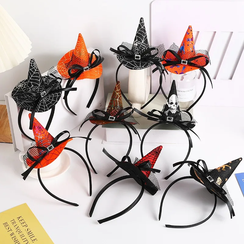 Halloween Witch Hat Headband Pumpkin Skull Black Cat Spider Web Ghost Festival Head Wear Happy Halloween Day Decor 2024 Headwear