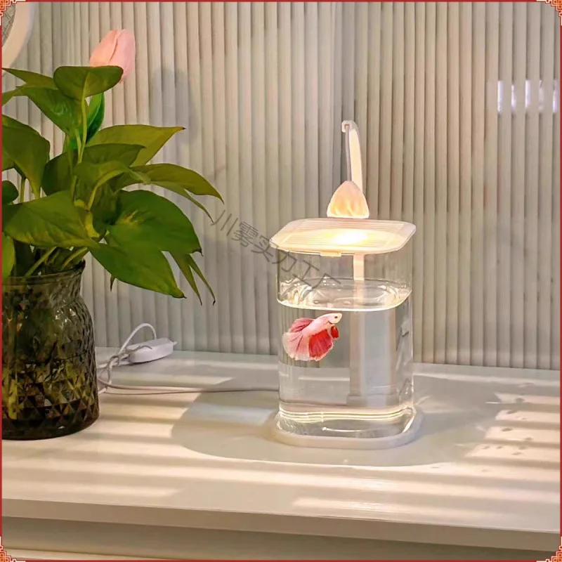 Tangki ikan Fighting Fish Special Ultra putih, tangki kaca malas kecil ruang tamu Dekorasi Desktop Kreatif lampu tampilan canggih