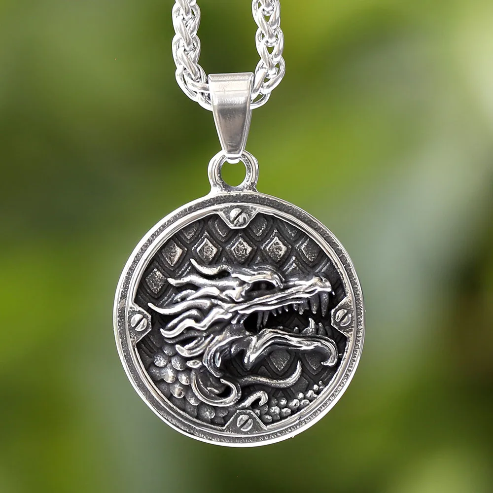 Colar de aço inoxidável com textura esculpida para homens, estilo punk e hip hop, dragão vikings vintage e scuviano, oroboros, escamas de animais, pingente de textura