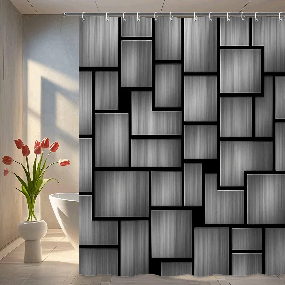 Modern Geometric Metal Pattern Shower Curtain Black and Silver Blocks Design Industrial Style Bathroom Decor Waterproof