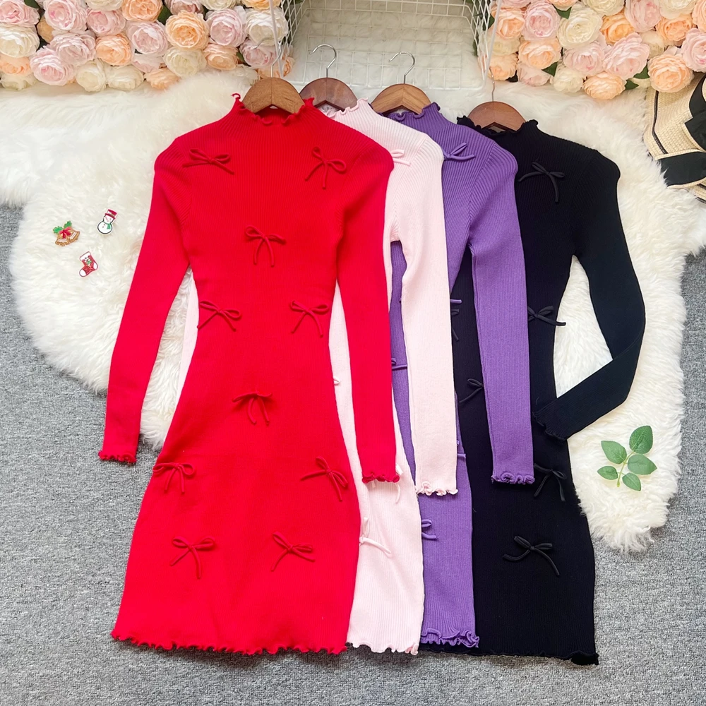 YuooMuoo Chic Mode Sexy Wrap Hüften Gestrickte Mini Kleid 2025, Neue Y2K Ästhetische 3D Bögen, Figurbetontes Party Kleid Streetwear Dame Kleid