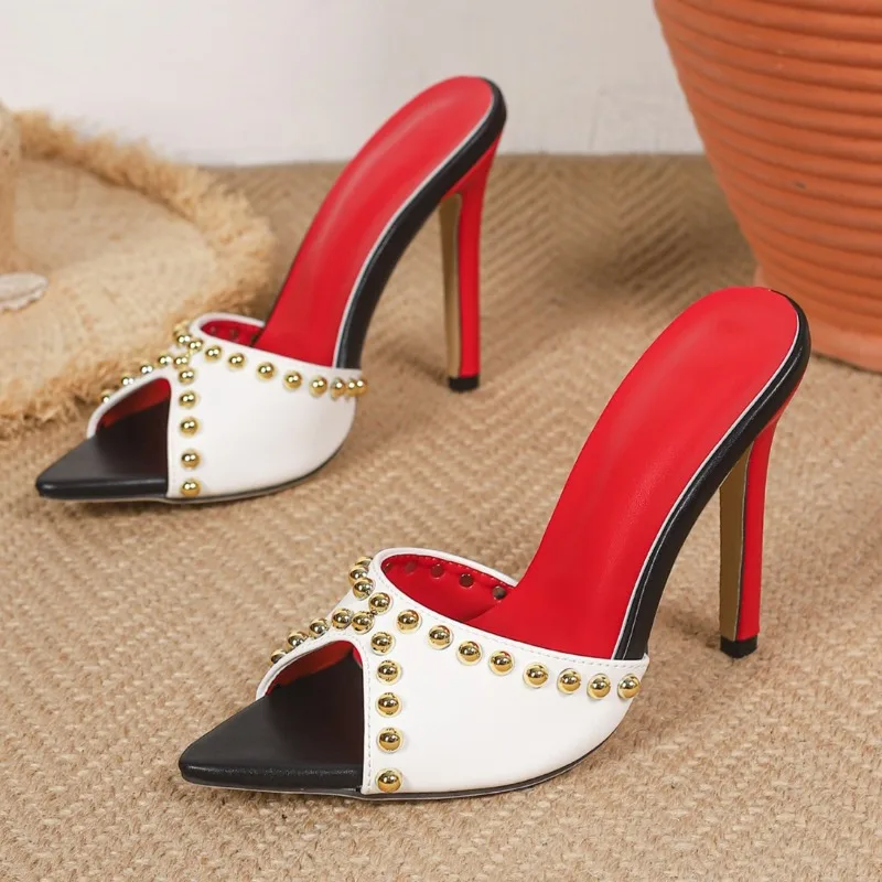 Aneikeh Summer Women's High Heel Sandals Mules Pointed Toe Fish Mouth Rivets Design Lady Slippers Banquet Slide Shoes - view 3