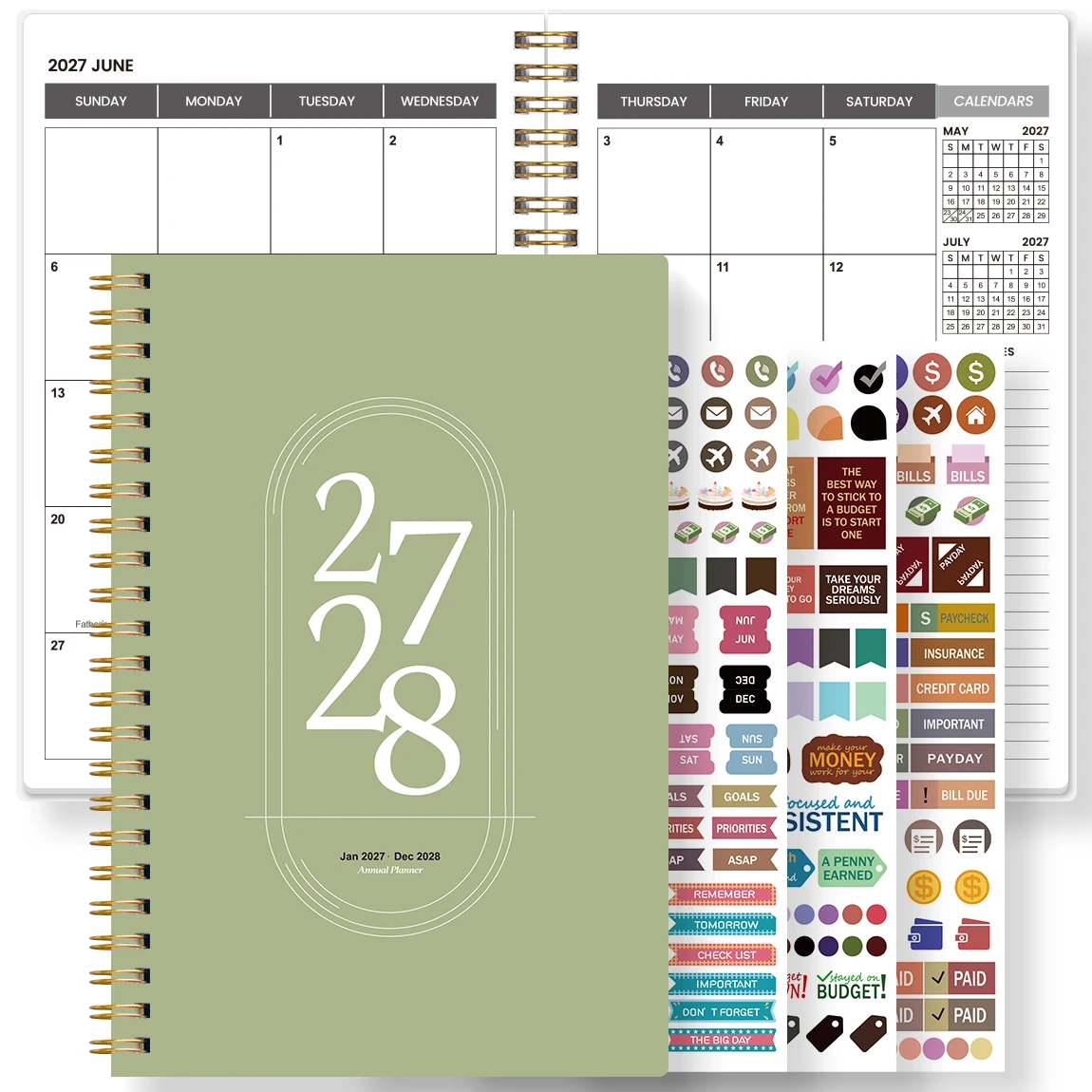 1PC 24-Month 2027-2028 Monthly Planner, Green A5 Spiral Planner with Stickers, for Work, School & Daily Planning