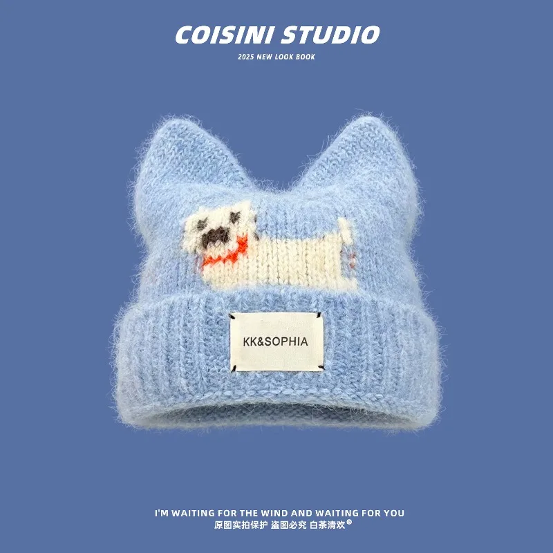 

Cute Puppy Jacquard Pullover Knitted Hat Autumn and Winter Men and Women Cat Ears Warm Ear Protection Versatile Skull Beanie Cap
