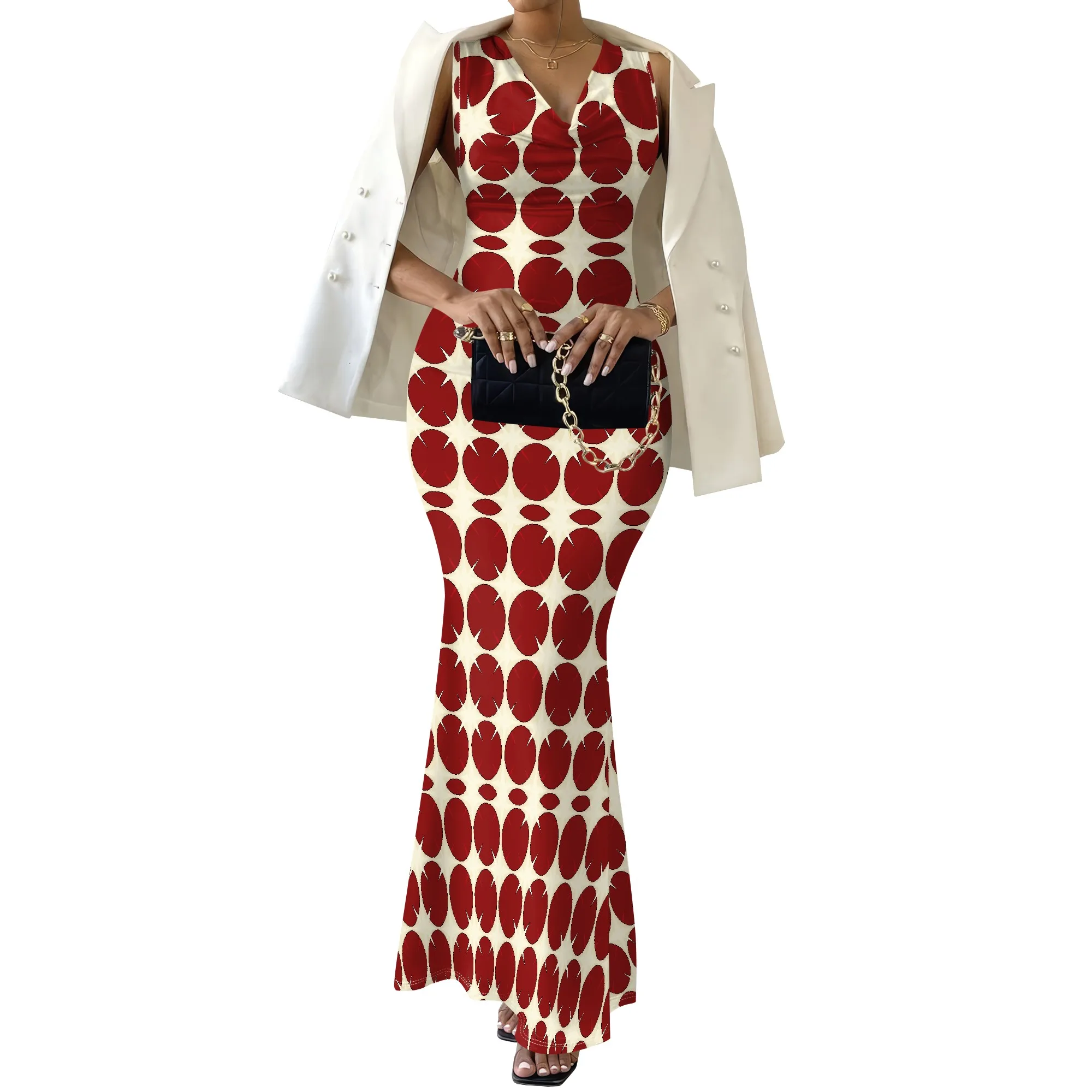 Polka Dot Women's Maxi Dress 2025 New Arrival Sleeveless V-Neck Red & White XS-2XL for Cocktail Party & Evening Event