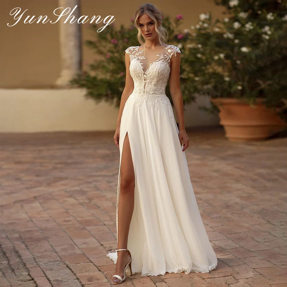 

Yunshang Elegant Wedding Dress O-Neck Lace Cap Sleeve Illusion Back Split Chiffon Bridal Gown Train Vestido De Novia Custom Made