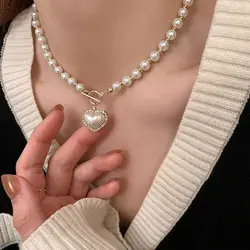 Elegant Pearl Necklace For Women Heart Pendant Necklaces Luxury Imitation Pearls Chain Necklaces Korean Jewelry Girls Gifts E