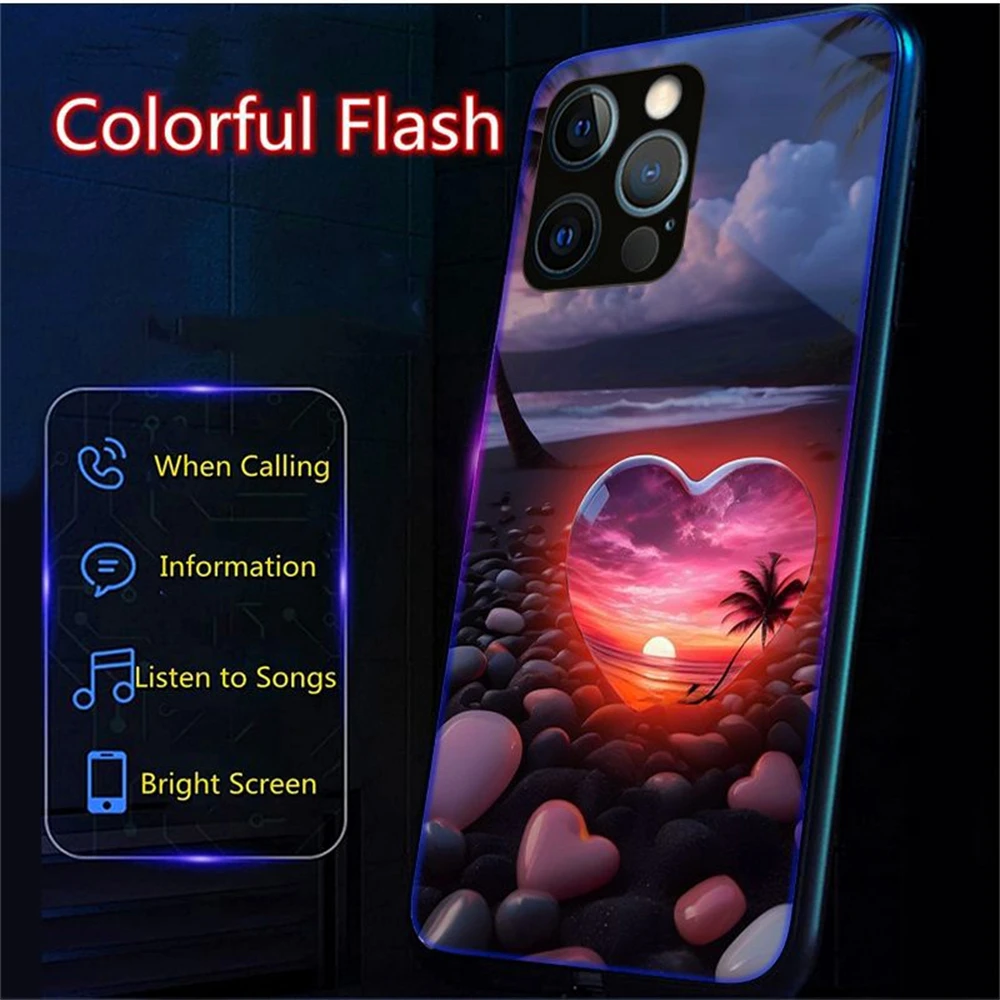 

Чехол для телефона Seaside Love Heart Smart LED Light Glow из закаленного стекла для Samsung S25 S24 S23 S22 S21 S20 FE Note 10 20 Plus Ultra