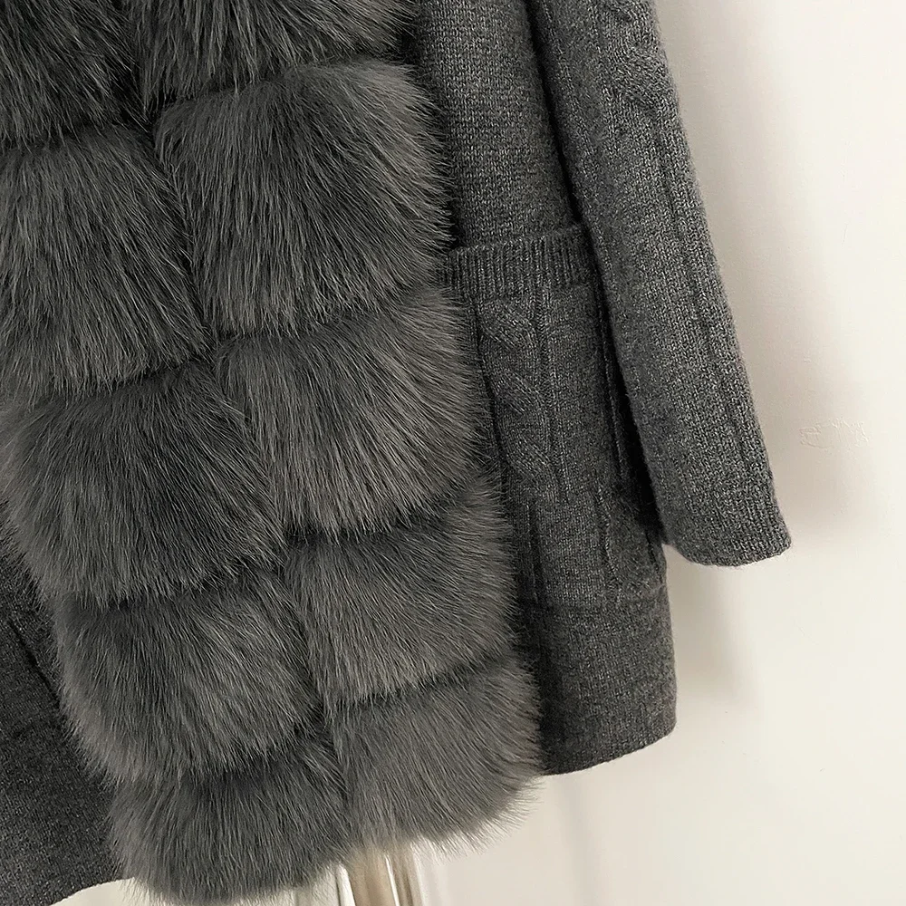 OFTBUY Kabelstrick Loser Warmer Neuer Wintermantel für Damen, Gestrickter Cardigan mit Kunstfuchspelzkragen, Mittellanger Pullover-Mantel für Frauen – Detail 11