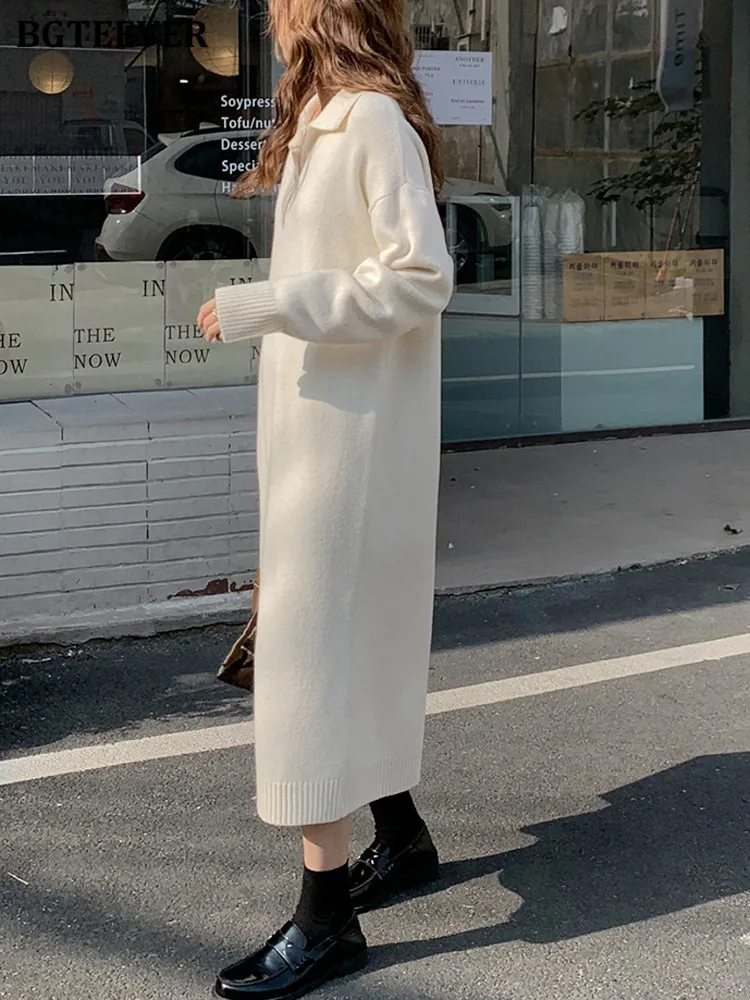 BGTEEVER-Robe Pull Épaisse et Chaude pour Femme, Décontractée, à Revers, Manches sulf, Couleur Unie, Éducative, Automne Hiver