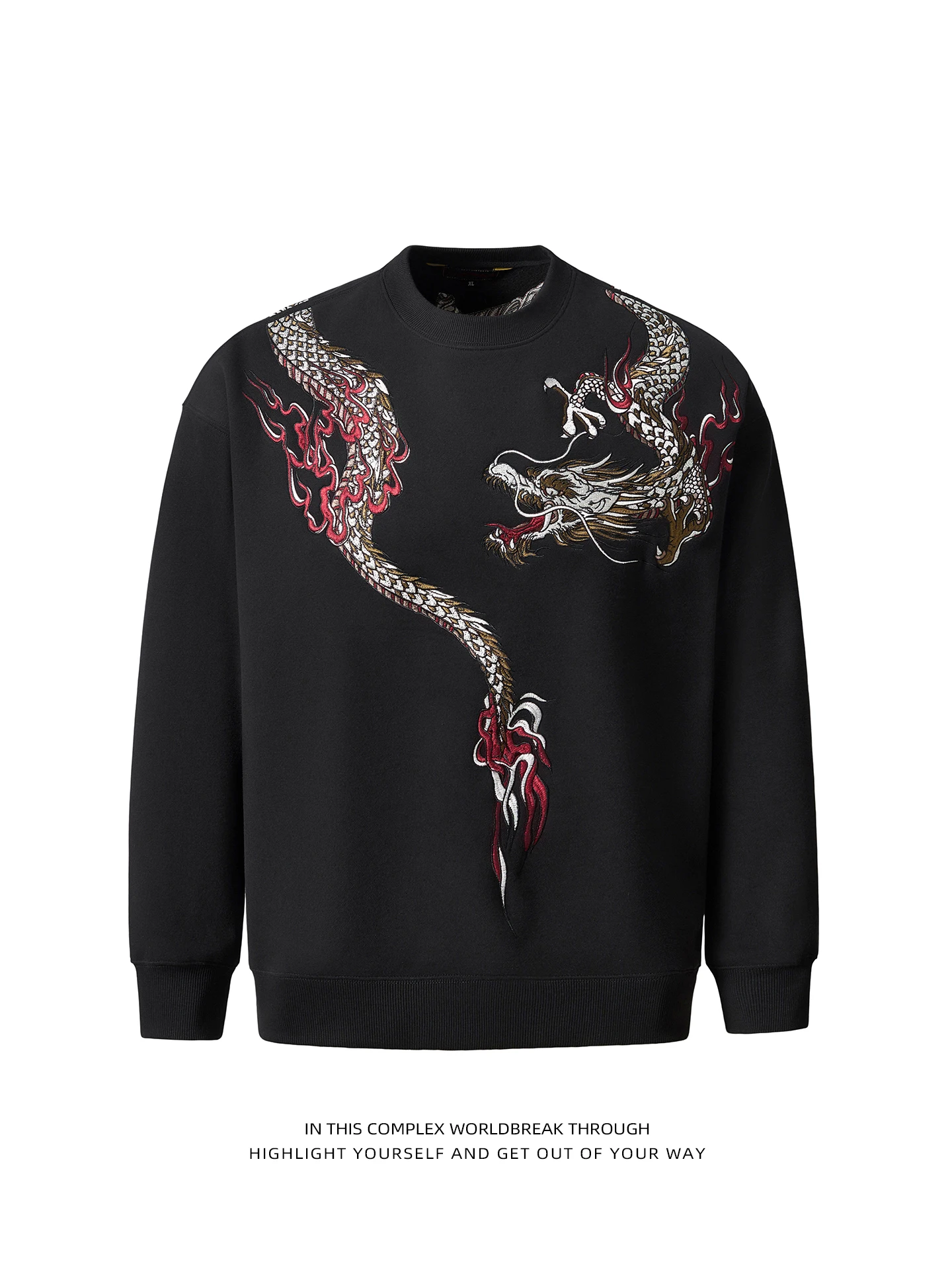

Heavy Embroidery Dragon Sweatirt Hoodie ex Loose Fit Fce Lined round Ne Red Casual Wear Cotton Polyester Blend