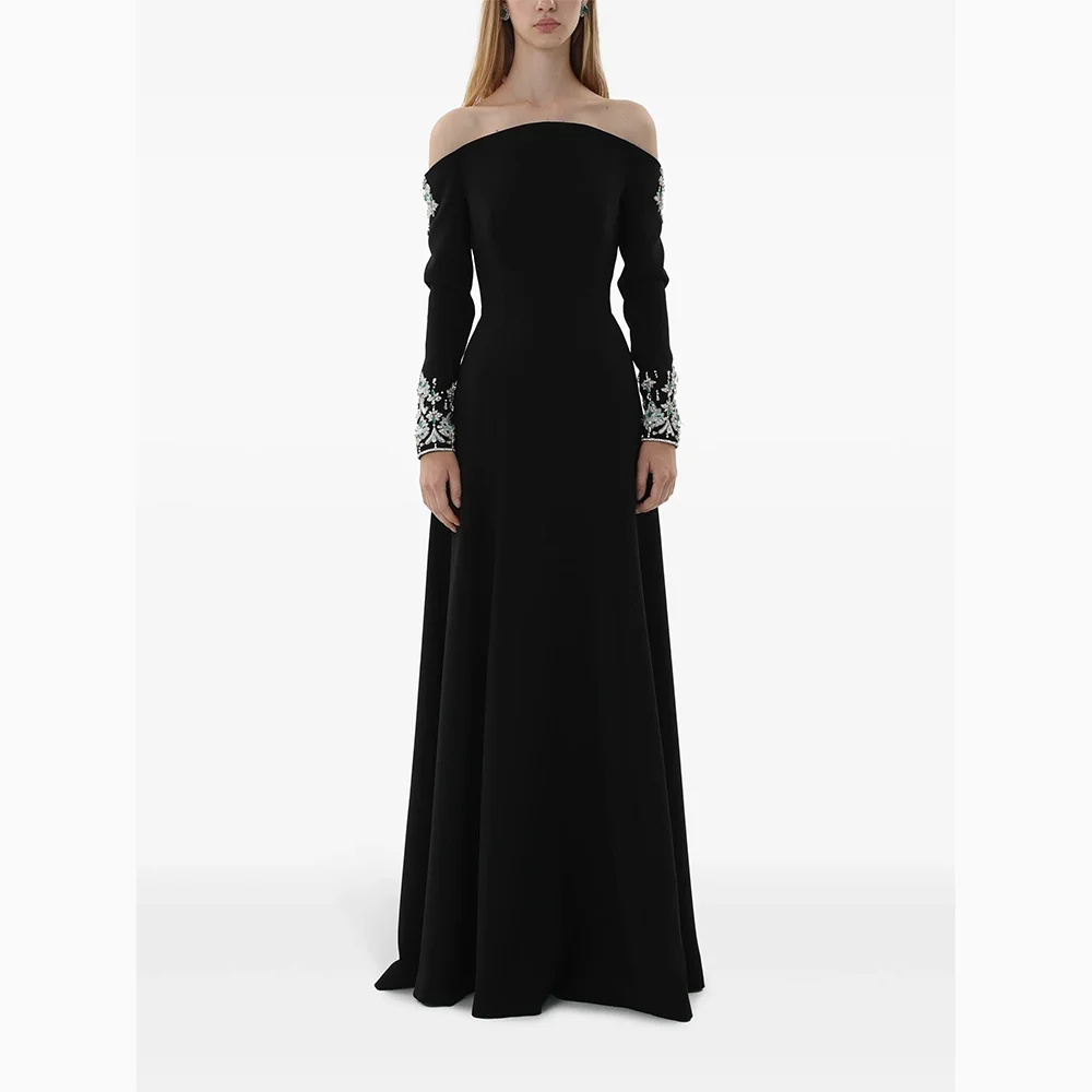 

Индивидуальные вечерние платья с открытыми плечами и длинными рукавами, элегантные платья для выпускного вечера с кристаллами, черное прямое платье для выпускного вечера длиной до пола 2026