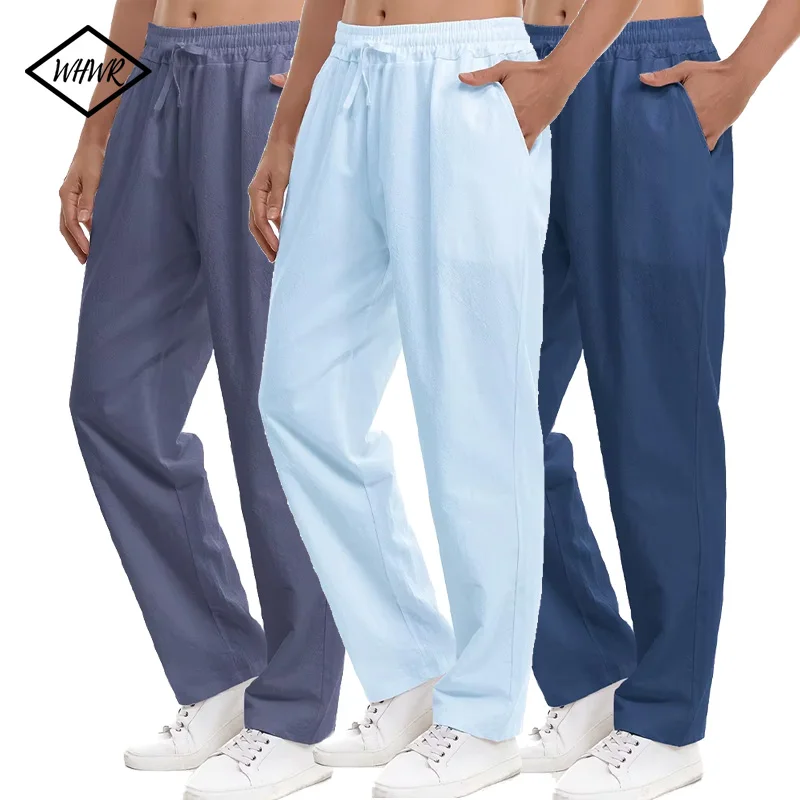 

Мужские льняные широкие брюки, корейские брюки, однотонные дышащие свободные шорты большого размера, прямые брюки на шнурке, мужская уличная одежда