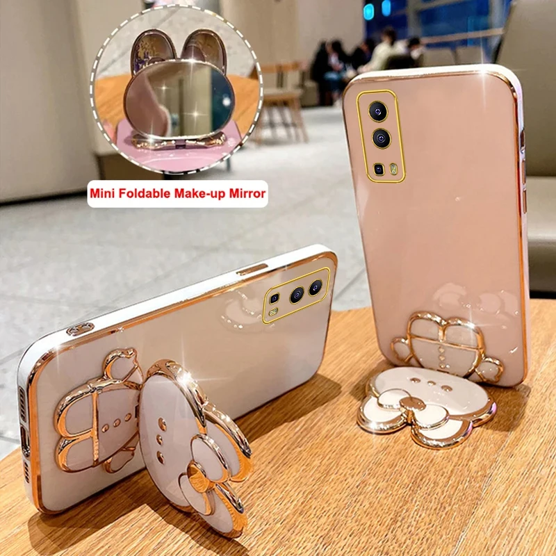 Y 72 5G Makeup Mirror Cute Rabbit Phone Holder Case On For Vivo Y72 5G IQOO Z3 VivoY72 Girl Woman Used Luxury Stand Cover