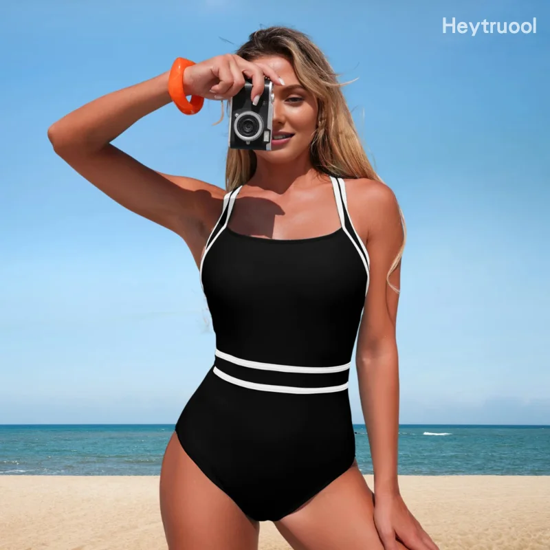 Фото Женский слитный купальник с цветовыми блоками, перекрестными лямками, регулируемыми бретелями, пляжная одежда, с эффектом утяжки живота