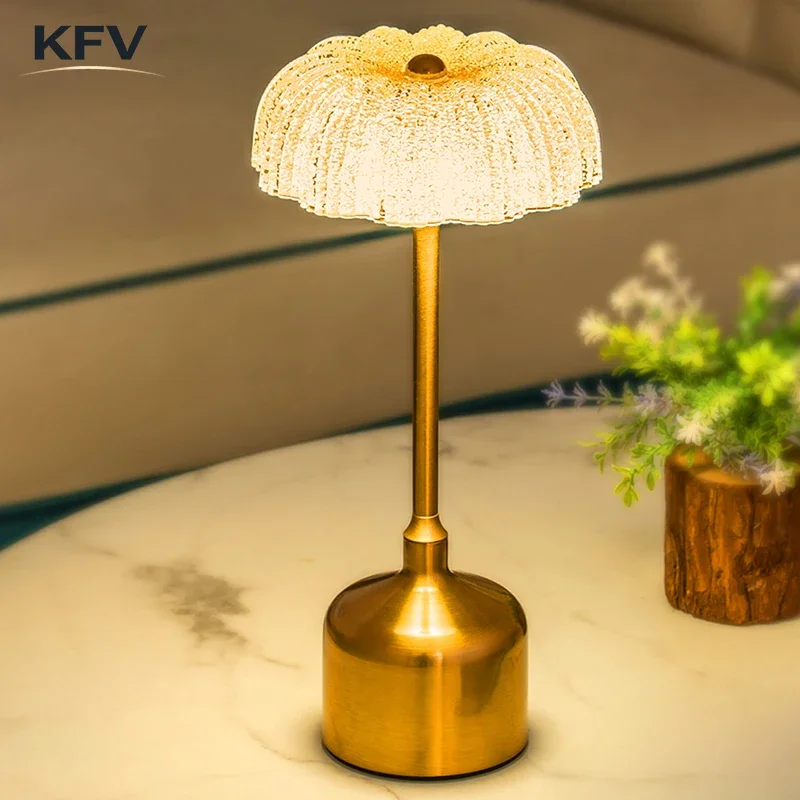 KFV Retro USB Crystal Table Lamp Decoration Rechargeable LED Lamp Metal Desk Light Touch Dimming Night Light Bedroom Desk Lamp
